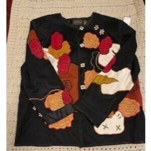 Allure Shacket Embroidered with artsy Buttons Jacket women’s Sz L Black‎ multi